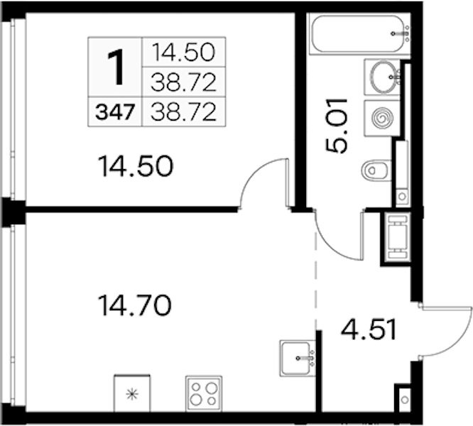 1-комнатная квартира 38.72 м², 18/19 эт., ЖК «GloraX Aura Vasileostrovsky»
